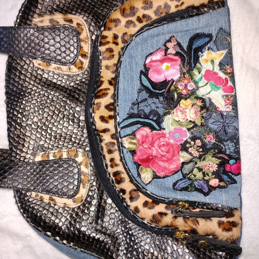 Exquisite Floral Embroidered Denim and Snake Print Shoulder Bag